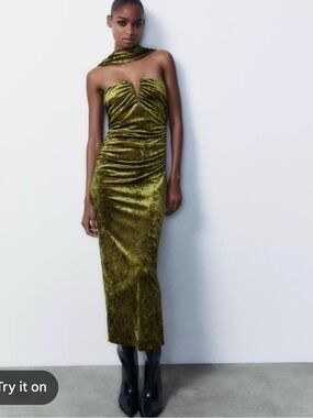 Zara Olive Green Velvet Strapless Midi Dress